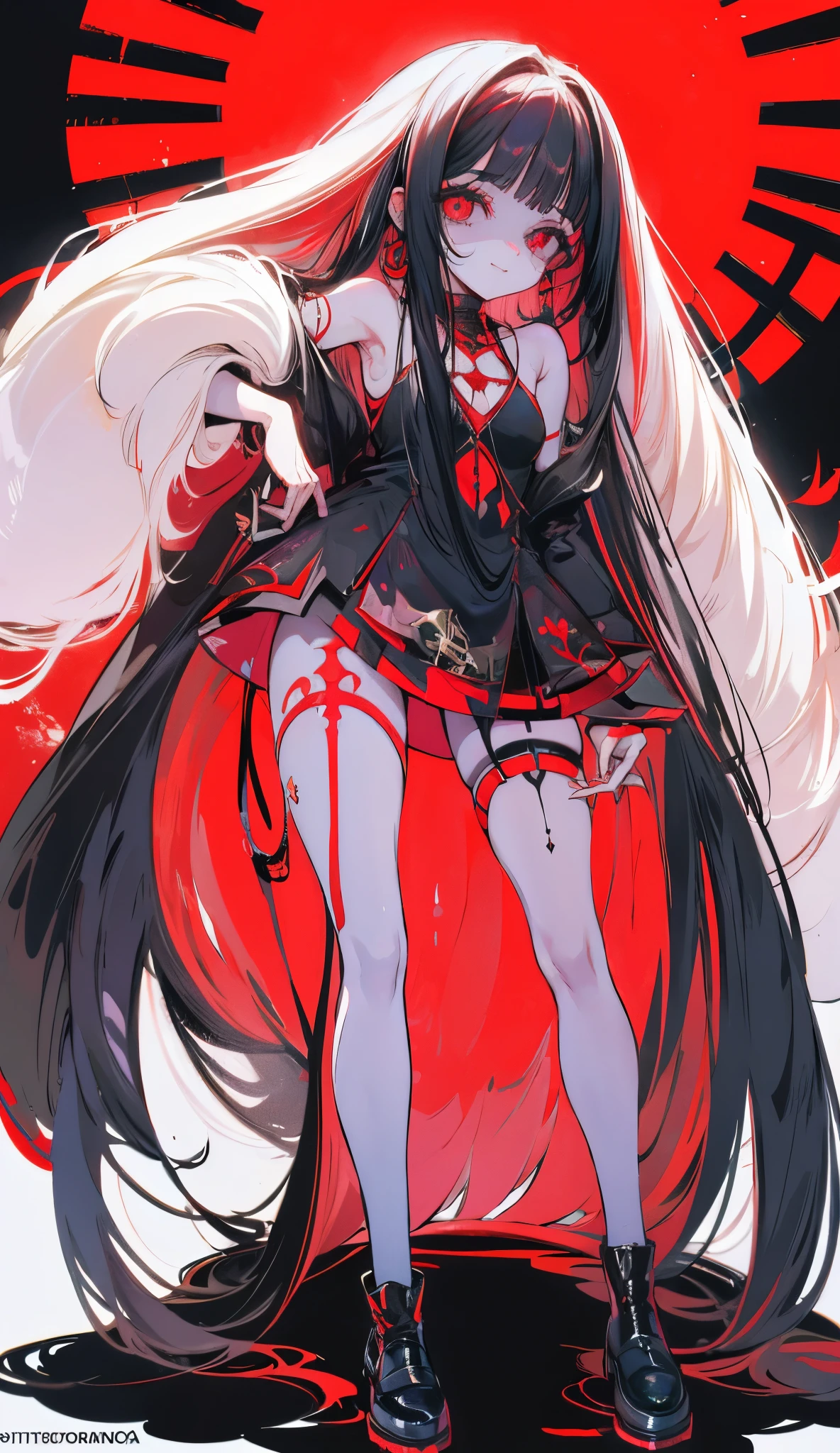a girl with black hair and red eyes and black makeup in a short black skirt with tights and long gloves, knee socks , medium breasts, filled thighs, smug, black lipsticks, black eyeshadow,