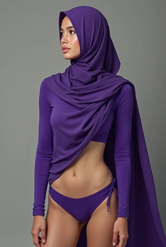 RAW photo,flash,hazy atmosphere,35mm focal lenght,fashion shoot,candid photograph,artistic,photograph of a beautiful,influencer,30yo Moroccan woman,hijab,detailed skin,fully naked,thick body,looking at viewer, candid pose,standing in front of a grey wall,flash photo,blue light, film grain, kodak color, instagram LUT