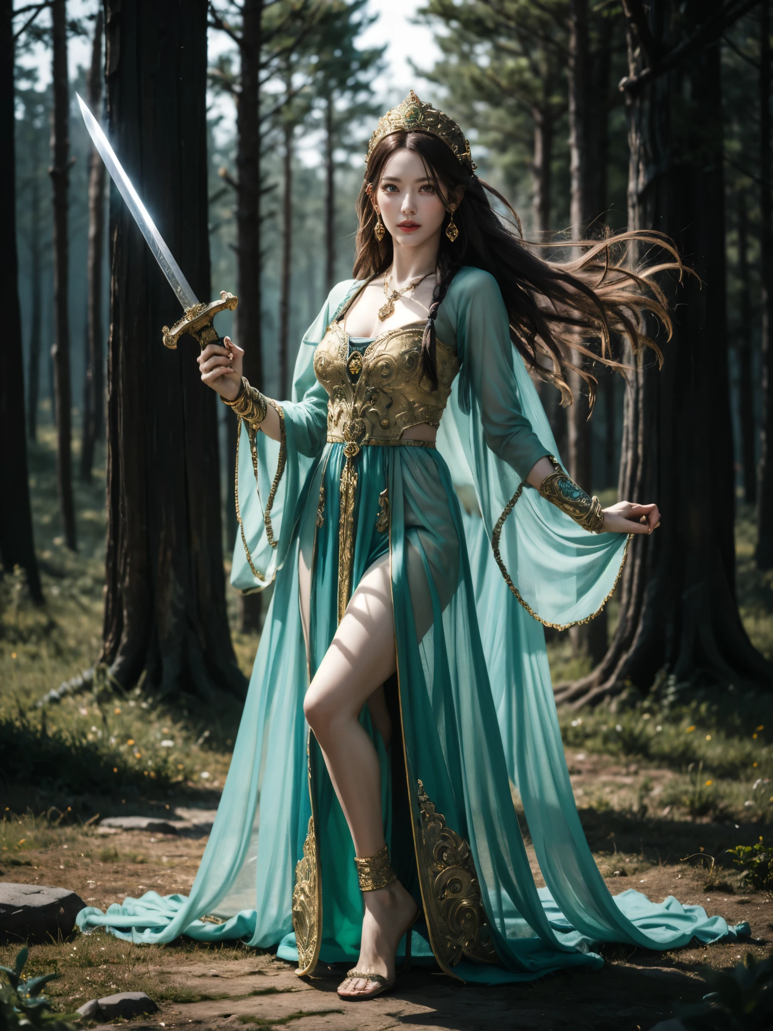 girl, full body, sword planting, intricate ornamented sword, flowing robe, see-through robe, long hair, flowing hair, subtle headpiece, intricate ornate headpiece, necklace, earring, looking at viewer, ethereal aura, forest, cinematic, highly detailed, stunning, red hair, warrior, powerful stance, intricate emerald plate armor, glowing golden accents, ornate carvings, vibrant green glowing sword, grand fantasy, pillars, elaborate carvings, soft ambient lighting, regal atmosphere, grace, masterpiece, 