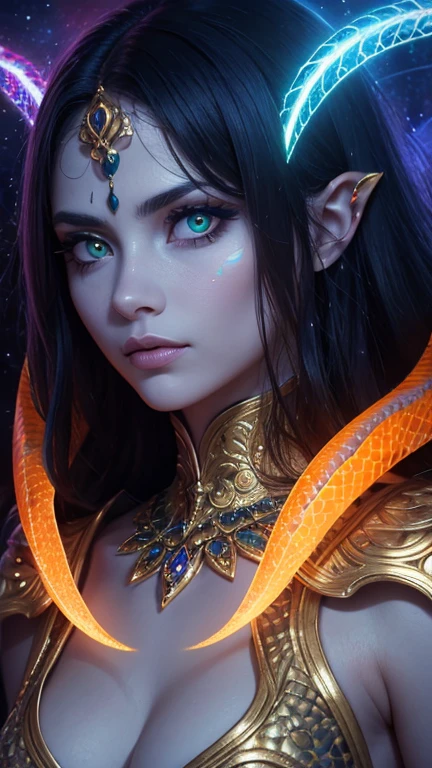 A highly detailed and vibrant fantasy close-up portrait of a mystical woman with pale bluish-gray skin, glowing green eyes, and golden glowing patterns around her face. Her expression is calm but intense, exuding power and mystery. She is surrounded by intricately coiled serpents with iridescent scales featuring glowing orange and blue patterns. A radiant third eye glows on her forehead, symbolizing wisdom and supernatural power. The background is an ethereal mix of dark blue tones and glowing particles, giving a sense of cosmic energy. The lighting is dramatic, highlighting the texture of the scales and her flawless skin. The overall mood is otherworldly, magical, and slightly ominous.