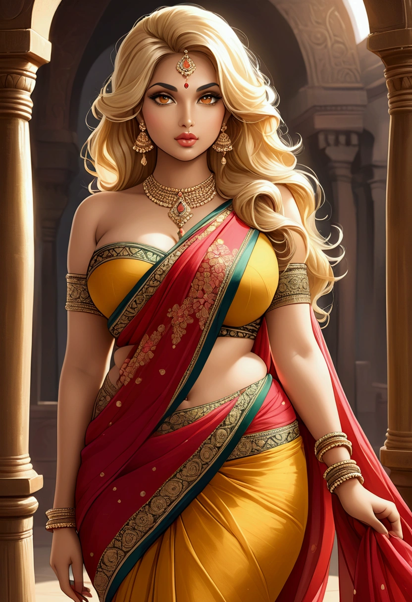 "Stunning portrait of   naked show breast   actress hollywood, golden hair.an enchanting actress, in a cozy and intimate queen attire. gracefully in a tribal outdoor, exuding the aura of an Indian princess.she wear saree minimum coverage clothes. The scene captures the essence of royalty and nobility, with a touch of  and elegance." Face focus.