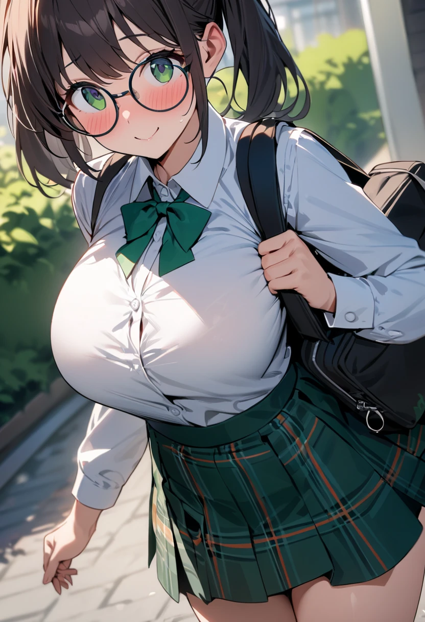 (((masterpiece))), ((highest quality)), (Very detailed), ((High resolution)), ((8k)), ((Anatomically correct)), One Girl, Baby Face, (Big Breasts), Brunette color hair, Double up braid, Long Hair, Long-haired and short-haired, Letting down your bangs, Very cute woman, delicate, Charming smile, Emerald Eyes, Best moment, Beautiful Skin, delicateな腕, Detailed skin texture, Intricate details, Very detailedな顔, Beautiful curves, Beautiful thighs, Sweating, View your viewers, Embarrassed and shy, Carrying a red backpack, ((Wearing a miniskirt)), Daytime Park, ((Leaking urine)), The audience is looking down, With tears in their eyes,
