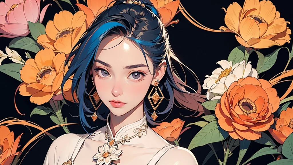 32K, 最高quality, 最高masterpiece, (ultra-Detailed Background, Detailed Background), Absurd, High resolution, Super detailed, Very detailedな, One girl, (bouquet:1.3), (Tangled:1.2), (Geometric:1.2),(colorful),(masterpiece, quality, best quality, Official Art, Beautiful and beautiful:1.2), (1 girl:1.3), Very detailed,(colorful:1.1)(Flowers:1.3),Most detailed,(Tangled:1.2), whole body, (Abstract background:1.3), (Skin glows), (Many colors:1.4), ,(Earrings Jewelry:1.5), Pale yellow background,