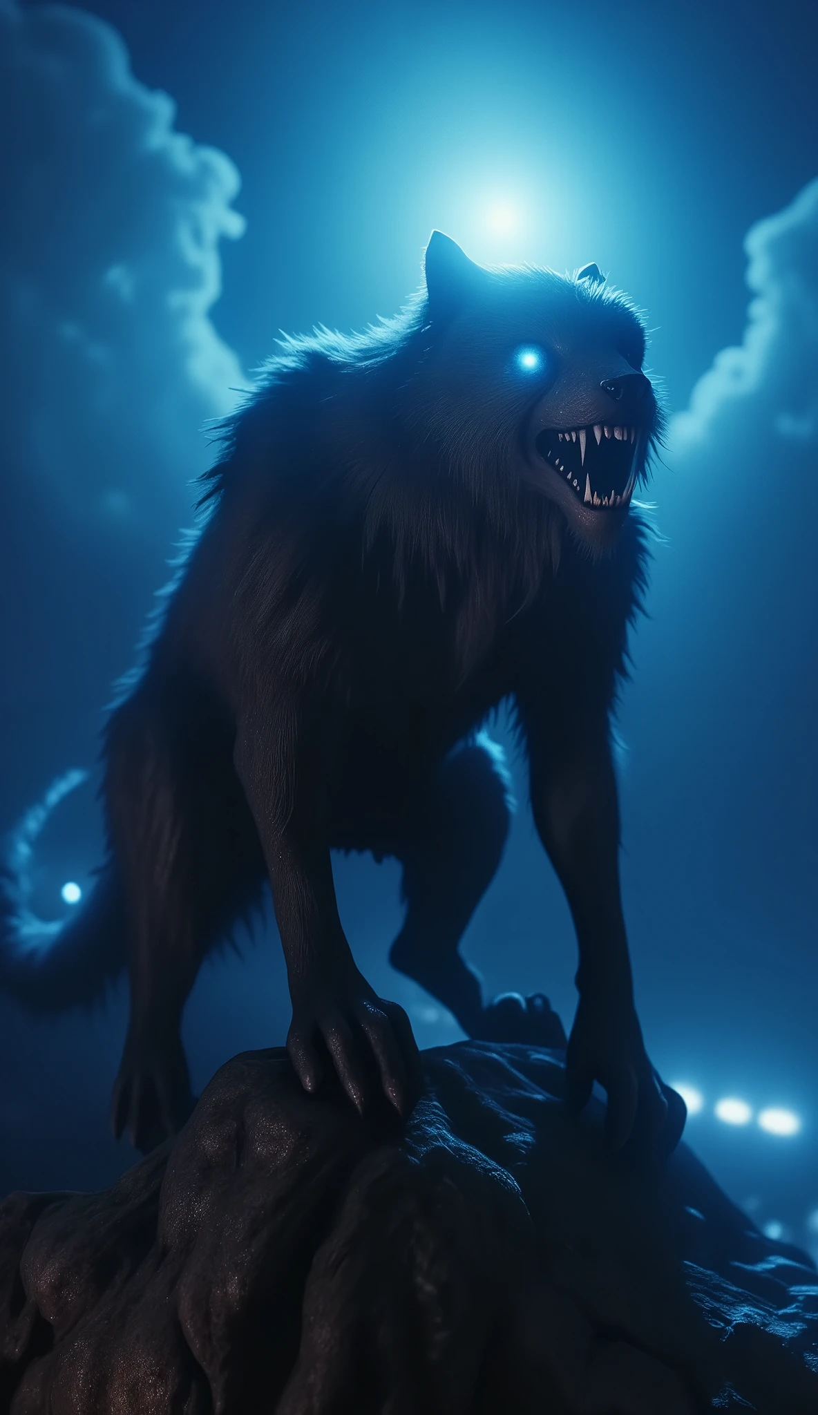 a werewolf howling at the moon on a cliff, full body shot, detailed, cinematic, dramatic lighting, dramatic angle, moody, dark, atmospheric, blue tone, hyperrealistic, photorealistic, 8k, highly detailed, masterpiece, volumetric lighting, chiaroscuro, epic, cinematic composition, dramatic mood