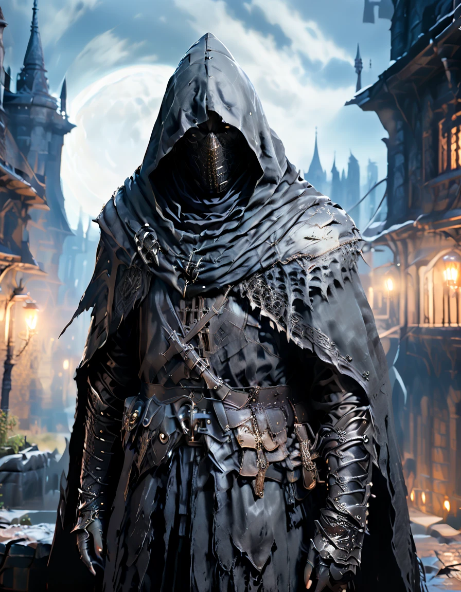 Male killer with giant sickle ,hooded ,black armor, on top of a castle with a medieval city in the moonlight ( full body)