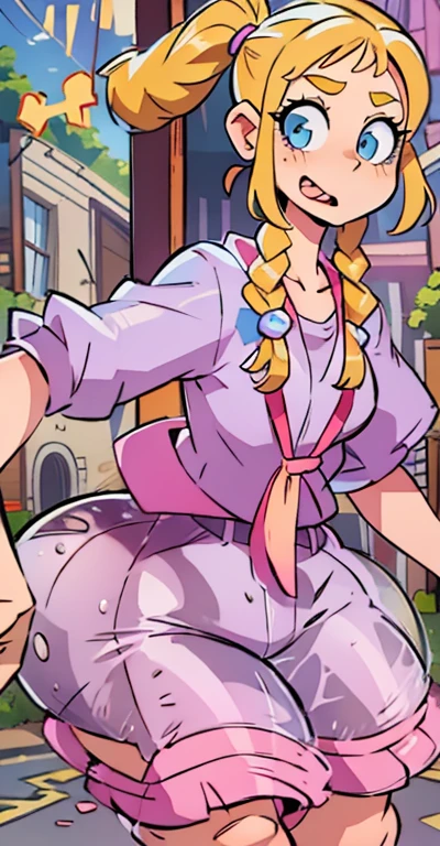  Helga Pataki from nickelodeon, yellow big pigtails, one single thick eyebrow, blue eyes, big assa, [Wide hips: 1.5] , full pink dress, alone, in the streets, small breasts, walking