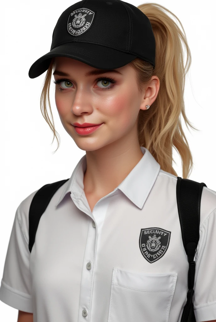 " Security Guard , tight uniform, camisa blanca, hombreras negras,  black pants, black cap 'SECURITY' ,  exaggerated proportions , curvilinear,  blonde hair in a high ponytail, big green eyes,  curious expression ,  delicate face , intense look, flirty pose,  High Definition, 8K, masterpiece,  white background,  Realistic details ."  A close up portrait photo ,  a woman with medium length hair who,  Look directly at the camera , neutral expression. , Completely naked ,  curves, big ass,  busty , sexy Tits irealmente grandes,  dark background. Tits gigantes, cum on her face, Happy Reflector Lighting. ,Tits,  busty s, Tits rompiendo el sueter,  busty 