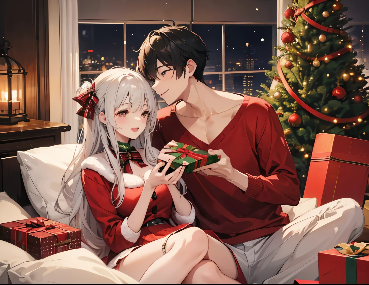 Lying on the male corner legs knitting,Then the boy looked down at the girl,The two sat on the sofa,Christmas,warmth,