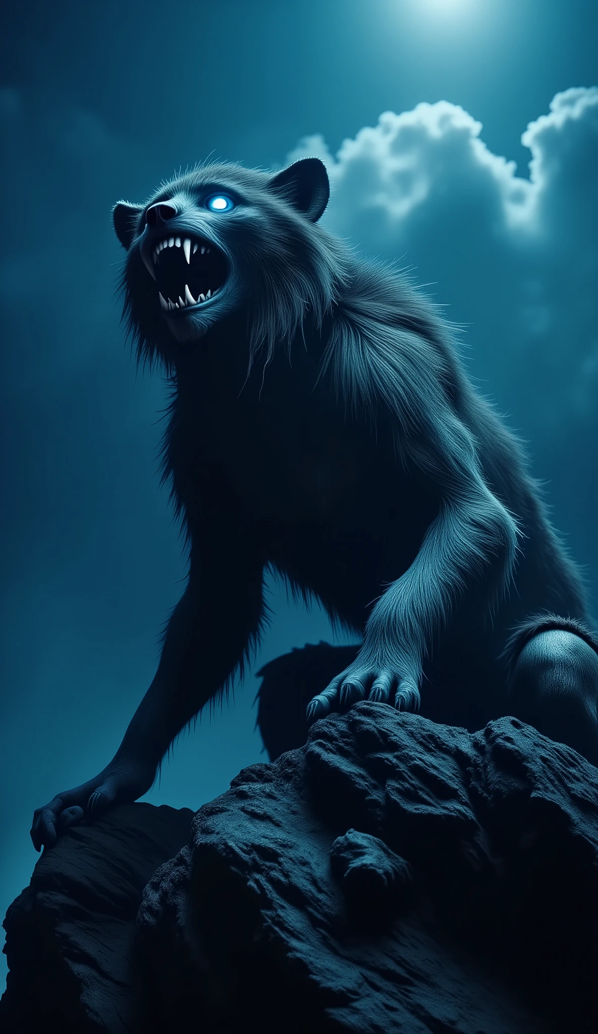 a werewolf howling at the moon on a cliff, full body shot, detailed, cinematic, dramatic lighting, dramatic angle, moody, dark, atmospheric, blue tone, hyperrealistic, photorealistic, 8k, highly detailed, masterpiece, volumetric lighting, chiaroscuro, epic, cinematic composition, dramatic mood