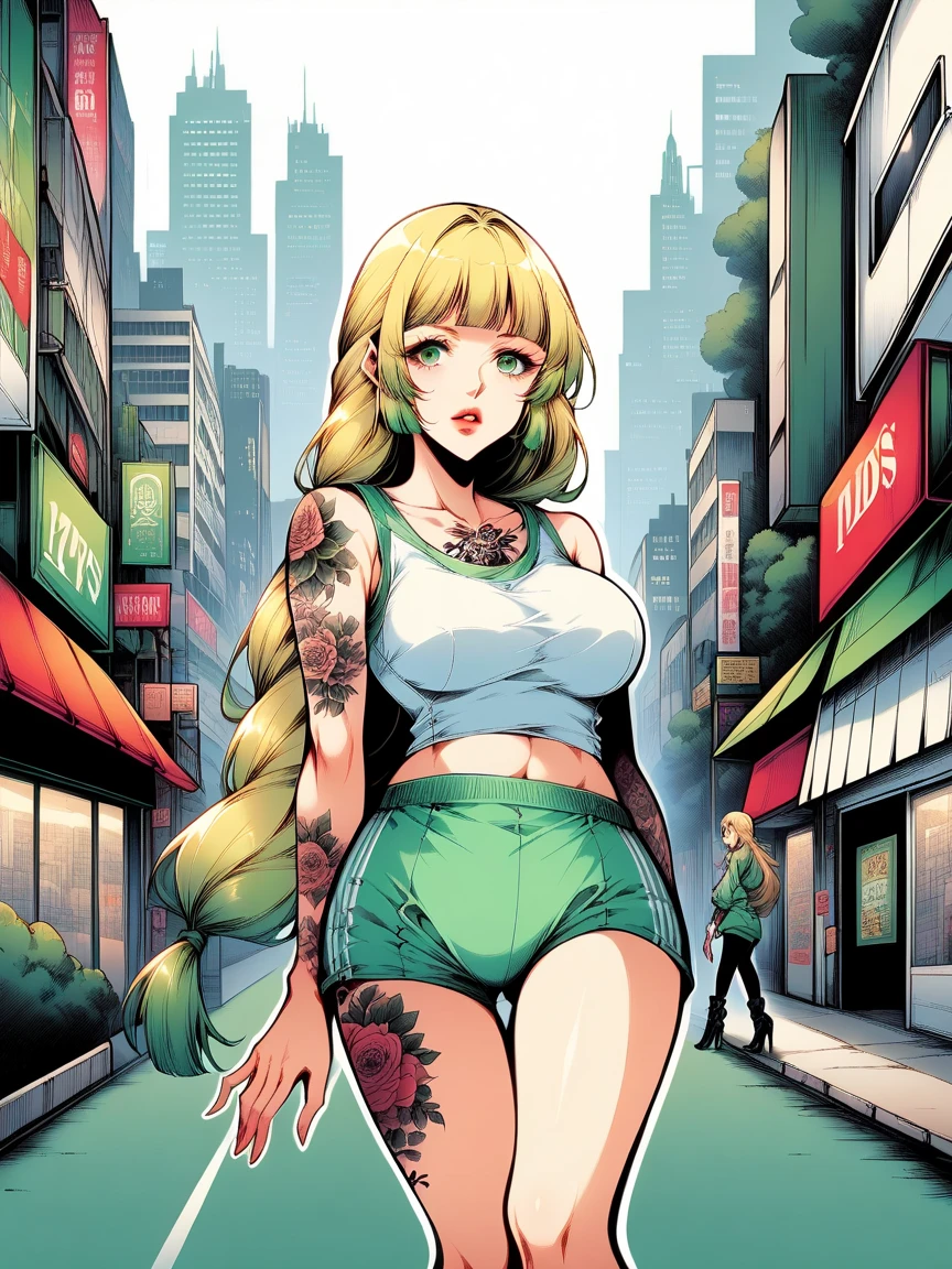 t4ts, tattoos, tattoo, 1girl, Ingrid Brandl Galatea, blonde hair, tank top, booty shorts, high heels, green eyes, standing, city background, crop top, large breasts, 