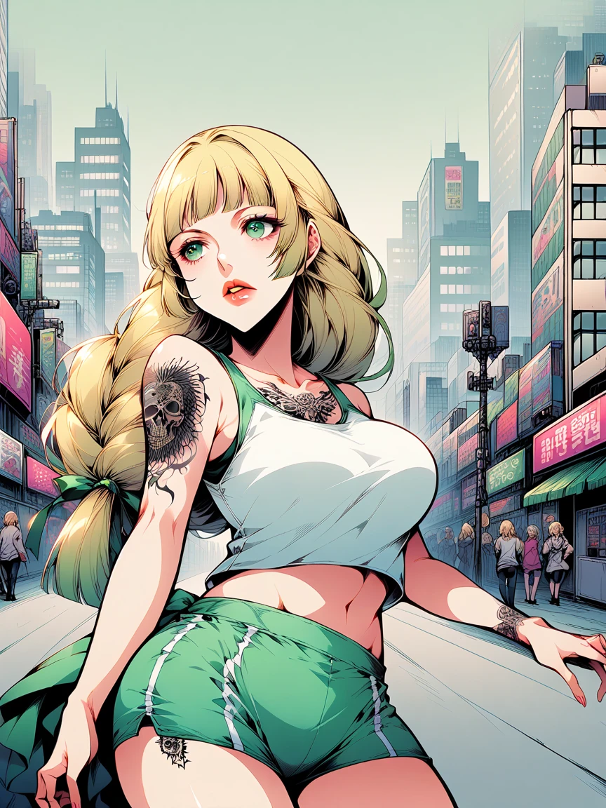 t4ts, tattoos, tattoo, 1girl, Ingrid Brandl Galatea, blonde hair, tank top, booty shorts, high heels, green eyes, standing, city background, crop top, large breasts, 