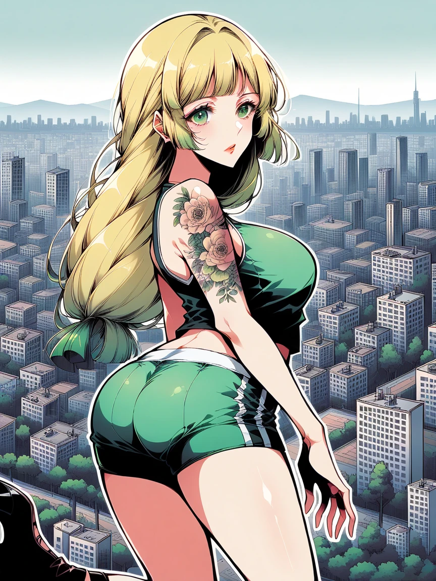 t4ts, tattoos, tattoo, 1girl, Ingrid Brandl Galatea, blonde hair, tank top, booty shorts, high heels, green eyes, standing, city background, crop top, large breasts, 