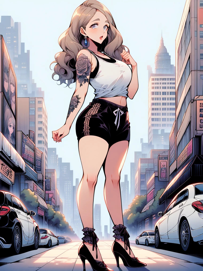 t4ts, tattoos, tattoo, 1girl, Mercedes von Martritz, light brown hair, tank top, booty shorts, high heels, grey eyes, standing, city background, crop top, large breasts, 