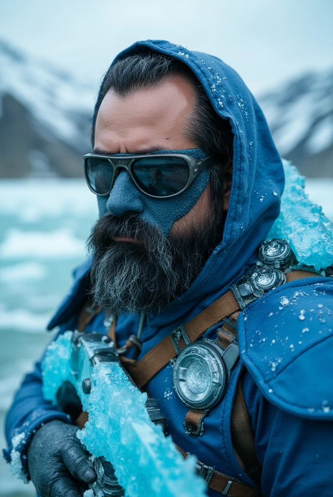 A 38-year-old man, manly looking ,  with dark lenses and clothing inspired by an ice warrior .  He wears a dark metal mask that partially covers his face ,  with details of ice crystals that seem to emerge from his bright blue armor . His gaze transmits determination ,  with the light reflecting on the dark lenses .  The scene takes place in the midst of a violent glacial melt : huge chunks of ice fall from the sky as icy water overflows in powerful torrents.  His right arm is wrapped in a kind of magical ice that emanates an intense blue light ,  while his other hand is holding a weapon of Design futuristic with frozen details .  The background shows mountains covered with collapsing snow , Under a dark and stormy sky.  The texture of the face and body is incredibly detailed ,  highlighting the battle scars and the realism of the environment . MEDIUM SHOT,  focusing on the upper part of the body .