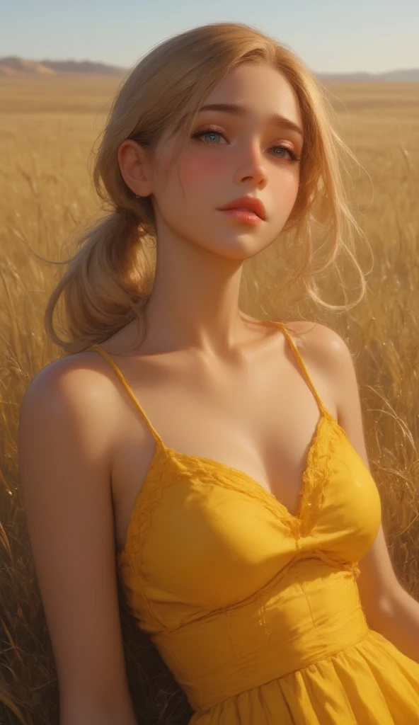 photo realistic , realistic , Alone, photo realistic ,  top quality,   Ultra High Resolution,  1 girl,, ,  blonde hair in a ponytail wearing a yellow summer dress, 黄色のサマードレスを着ている, A gentle breeze blowing through the grass,, ,  1 girl,, beautiful, masterpiece,  top quality,  Highly Detailed Faces,  Full Photo,  1 girl, Alone,, ,  top quality,   Ultra High Resolution, photo realistic ,,  super detailed,, masterpiece,  top quality, , Nancy 1, 