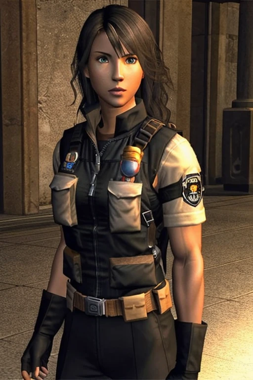 masterpiece, best quality, 1girl, solo, PS2 style, tan-bronze skin, athletic physique, muscular, amber eyes, wavy black hair, tan bodysuit, bulletproof vest, tan gloves, utility belt, gun holsters
