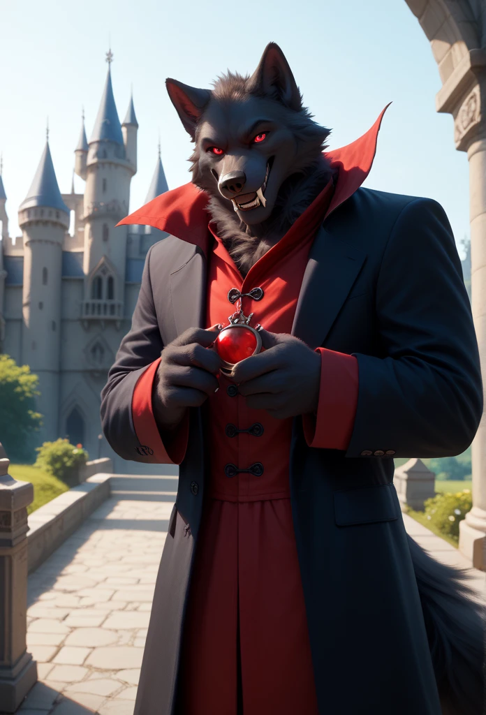 A Wolf vampire male fursuit a 23 year old adult alone outdoors standing black fur vampire fangs and red eyes wearing vampire clothes looking at the viewer with a smile in a castle