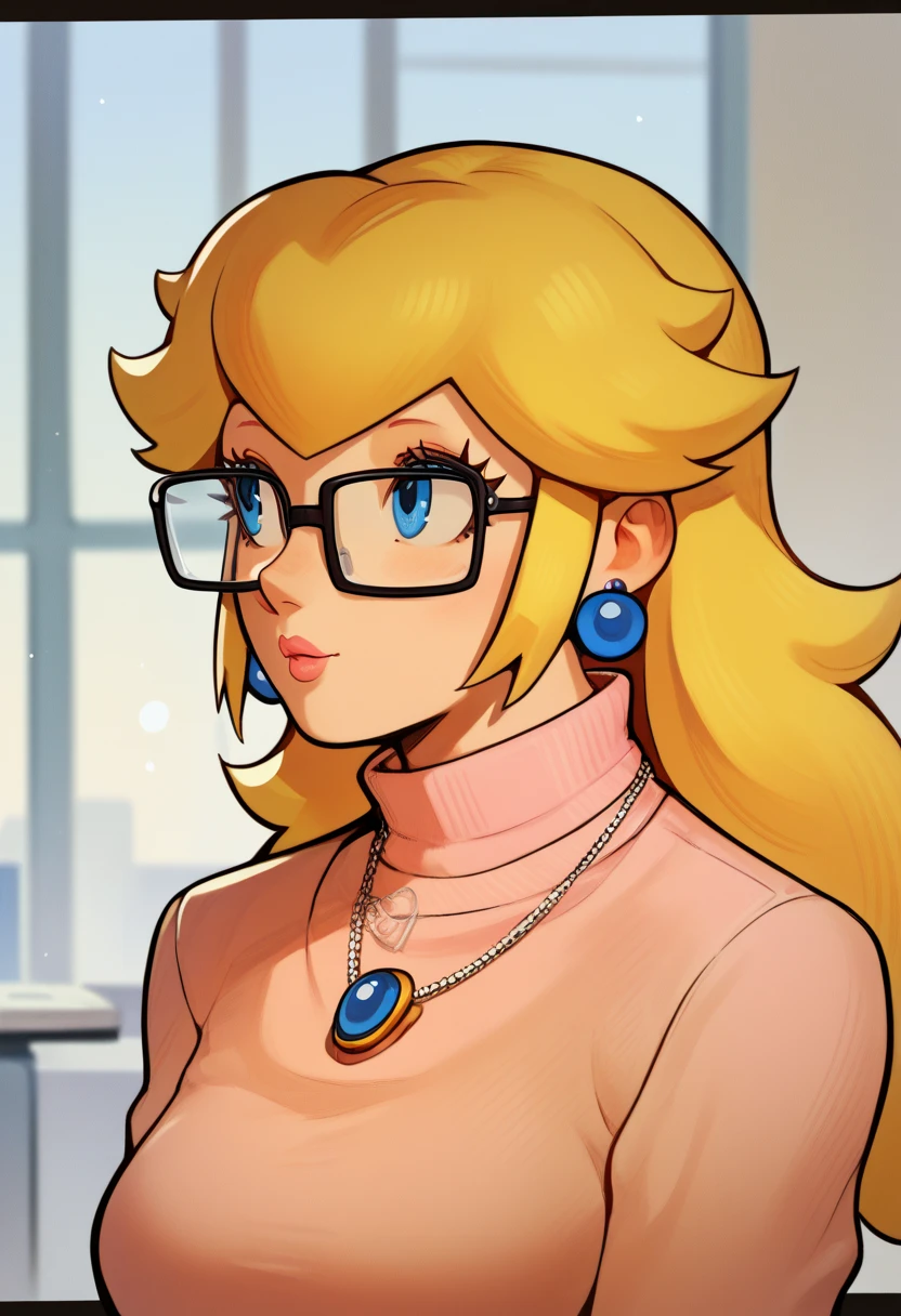 score_9, score_7_up 1girl, solo, princess peach, turtleneck sweater, glasses, office lady, earrings, necklace, portrait,