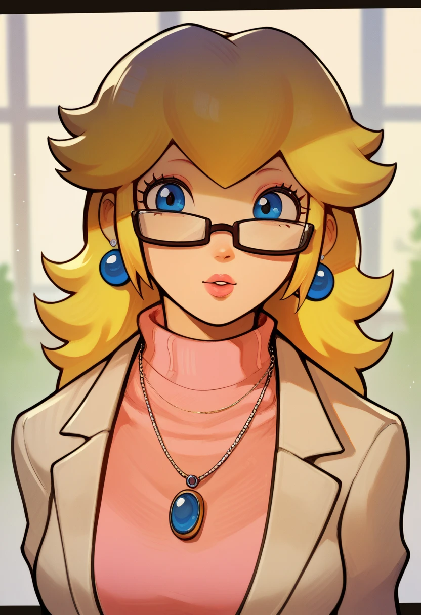 score_9, score_7_up 1girl, solo, princess peach, turtleneck sweater, glasses, office lady, earrings, necklace, portrait,