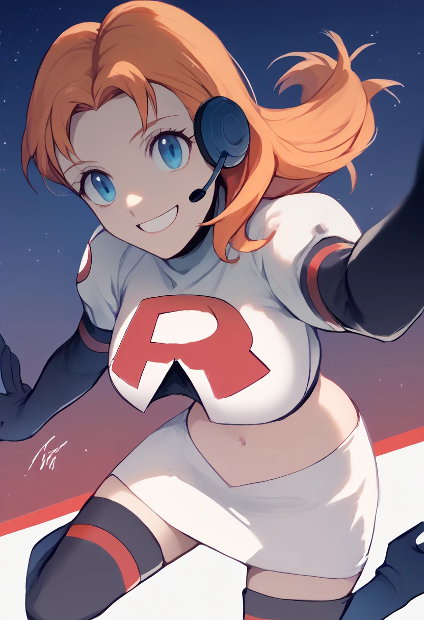 Team rocket, team rocket uniform, red letter R, white skirt,white crop top,black thigh-high boots, black elbow gloves, evil smile, night sky background, headset, large breasts, high-heeled boots, Annette Fantine Dominic, orange hair, blue eyes