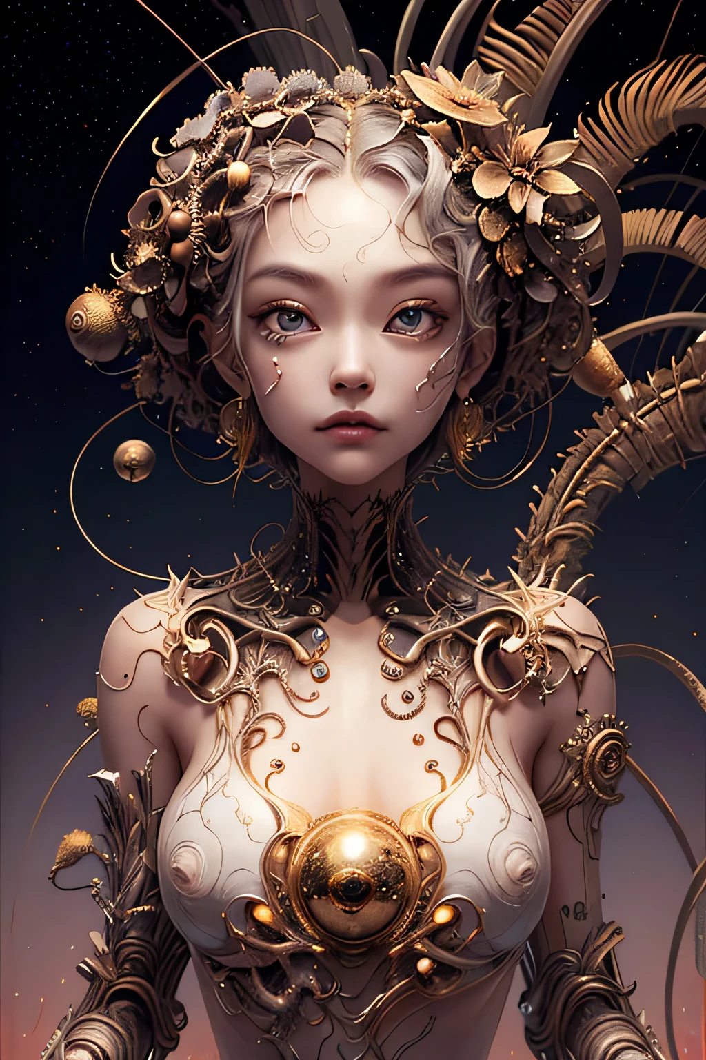 (best qualtiy,ultra - detailed,Most Best Illustration,Best shadow,tmasterpiece,A high resolution,professionalartwork,famousartwork),Detailed eyes,beautidful eyes,closeup cleavage,sci-fy,colored sclera,Robot eyes,face markings,Tattooed with,(fractalized,Fractal eyes),largeeyes,Wide eyes,(Eye focus),sface focus,Cosmic eyes,Space eyes,Close-up of metal sculpture of a woman with a moon in her hair,goddes。extremly high detail,3 d goddess portrait,Extremely detailed footage of the goddess,a stunning portrait of a goddess,Side image of the goddess,portrait of a beautiful goddess,Full body close-up portrait of the goddess,hecate goddess,portrait of a norse moon goddess,goddess of space and time