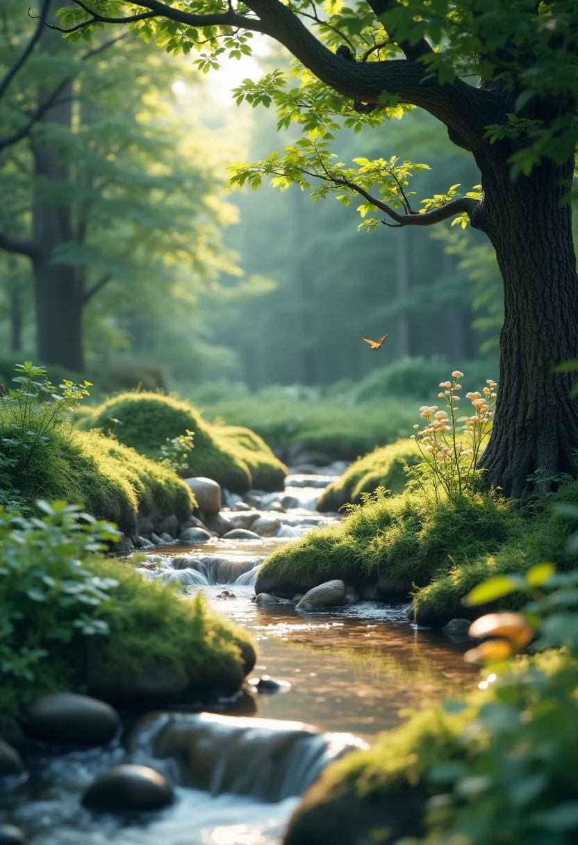 masterpiece,  top quality, ( extremely detailed CG Unity 8K wallpaper ), ( top quality), ( best illustrations), (Best Shadow), forest theme with Natural elements. Tall Tree々, Quiet Stream, Shineing little mushrooms, surrounded by delicate leaf and [branch, with Firefly and Shineing  particle effect ,, (Natural elements), ( jungle theme ), (leaf), ([branch), ( Firefly),  butterfly , (delicate leaf), (Shine), ( particle effect ). , Isometric 3D,  octane rendering,  raytracing ,  super detailed