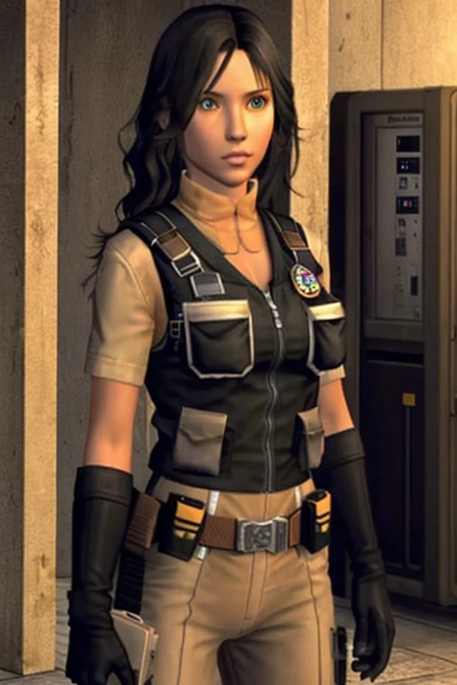 masterpiece, best quality, 1girl, solo, PS2 style, tan-bronze skin, amber eyes, wavy black hair, tan bodysuit, bulletproof vest, tan gloves, utility belt, gun holsters, carrying a machine gun,
