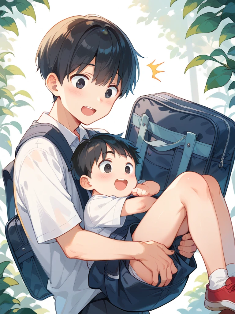 
Asian, boy, male, toddler, very short hair, bob cut, black hair, straight hair, happy, surprised, slim, school bag, black eyes,First-year elementary school boys wear inflated diapers and carry school bags on their backs、