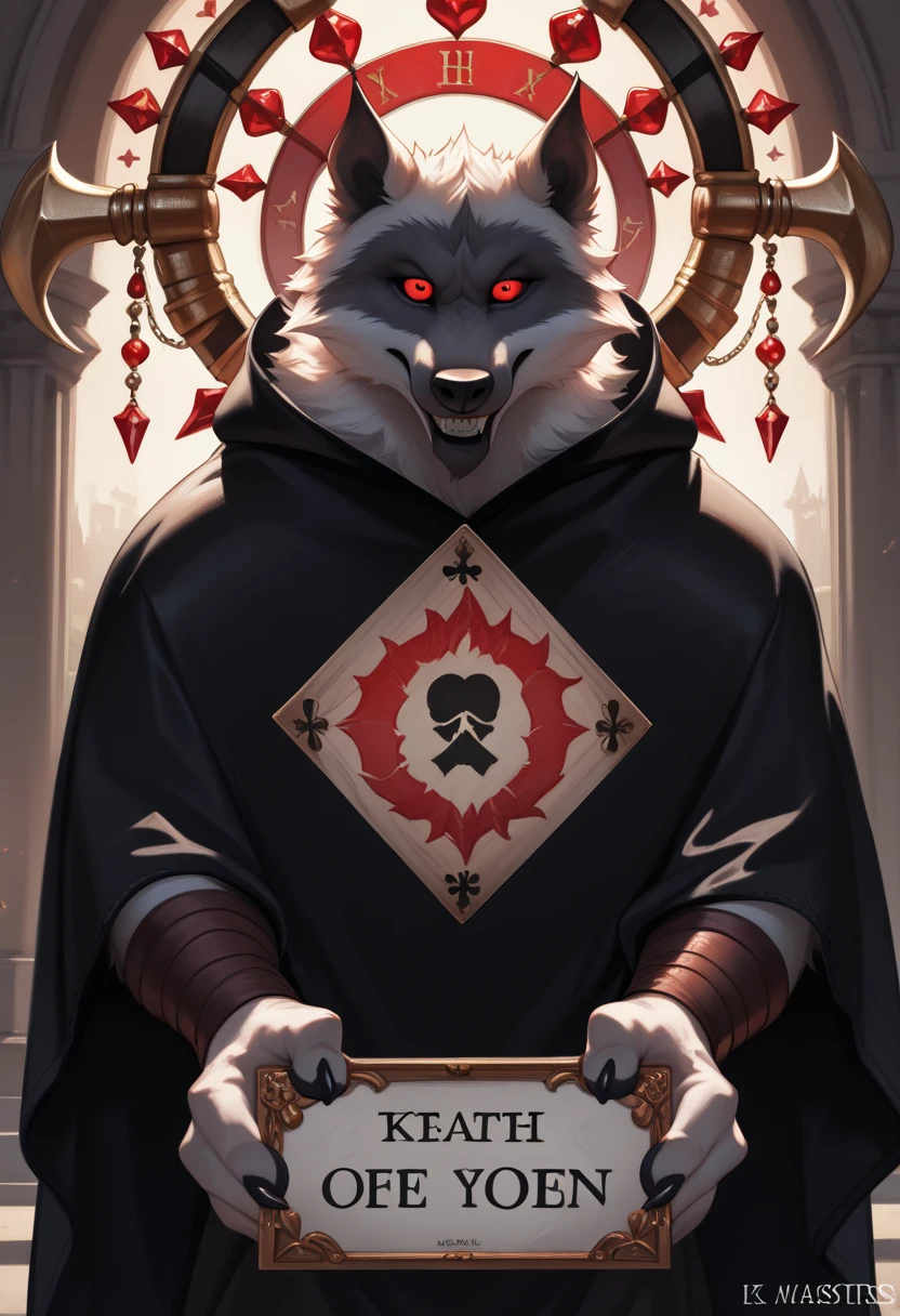 tarot card, majestis furry (muscular furry , Death (Puss in Boots)), detailed red eyes, detailed fur, opened eyes, wearing a black cloak, having a pair of sickles, standing with death symbole, an anthro, anthropomorphic, death sign, tarot card background, mistic, closed up shot