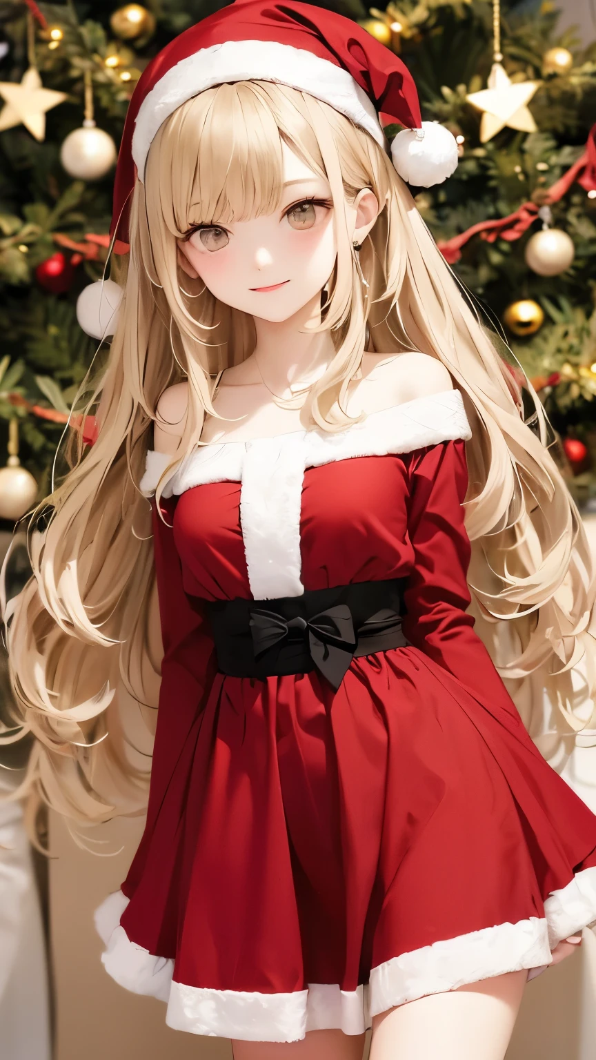 A chibi-style girl with a youthful and innocent appearance, wearing a Christmas-themed dress designed in a cute and modest style with no skin exposure. The dress is predominantly red and green, exuding a charming and festive aura. Her expression is adorable and pure, radiating a sense of elegance and sweetness. The art style features delicate manga-like linework, with soft watercolor coloring that enhances the gentle and cheerful atmosphere. The setting is cozy and Christmas-themed. cowboy shot, 