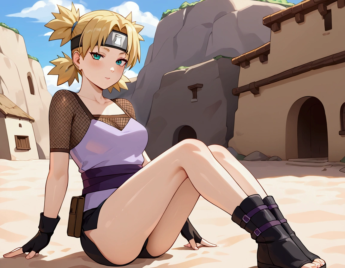 score_9, BREAK rating_explicit, best quality, masterpiece, uncensored, 1girl, sand village, nsfw, asthetic background, BREAK tmri, blonde hair, short hair, cyan eyes, forehead protector, black shirt, fishnet top, purple sash, black skirt, fishnet shorts, black gloves, fingerless gloves, black boots, toeless footwear, seductive face, shiny body, seductive pose,
