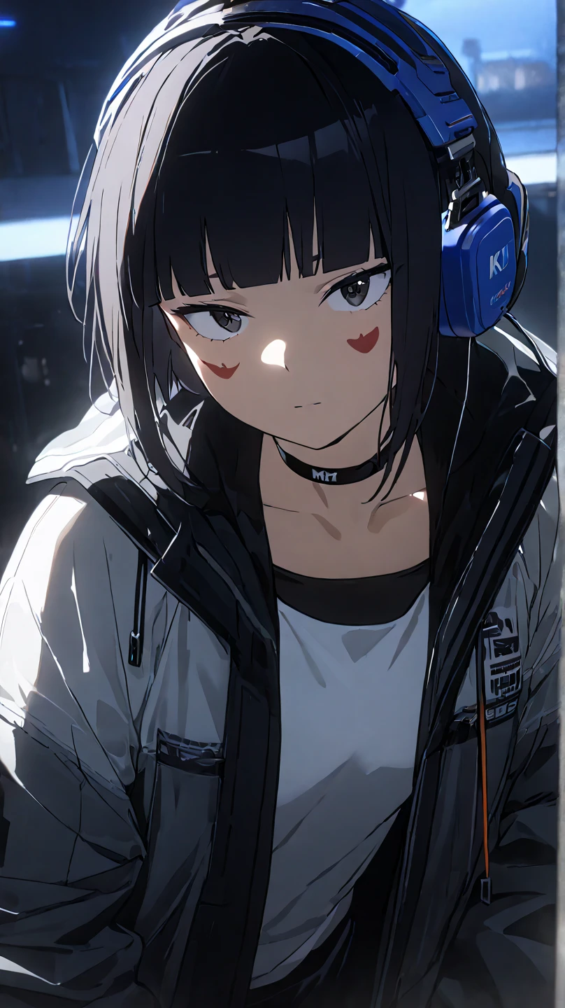  8K ultra HD,  soft lighting ,  High Quality ,  Film Grain ,  FUJIFILM XT3、最 High Quality , masterpiece,  high definition ,
Kyoka Jiro, 1 girl,Alone, medium chest , headphones, Choker, short hair,bangs, jacket,Facial marks,blunt bangs,