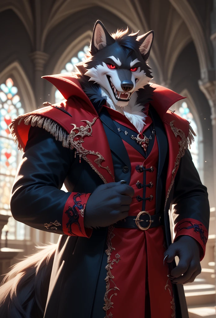 A Wolf vampire male fursuit a 23 year old adult alone indoors standing black fur vampire fangs and red eyes wearing vampire clothes looking at the viewer with a smile in a castle