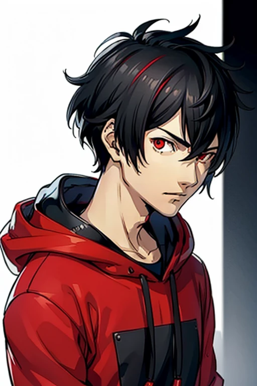 high quality picture, black hair,male,25 years old,short hairstyle,red eyes, hoodie, wear headphones, half body potrait