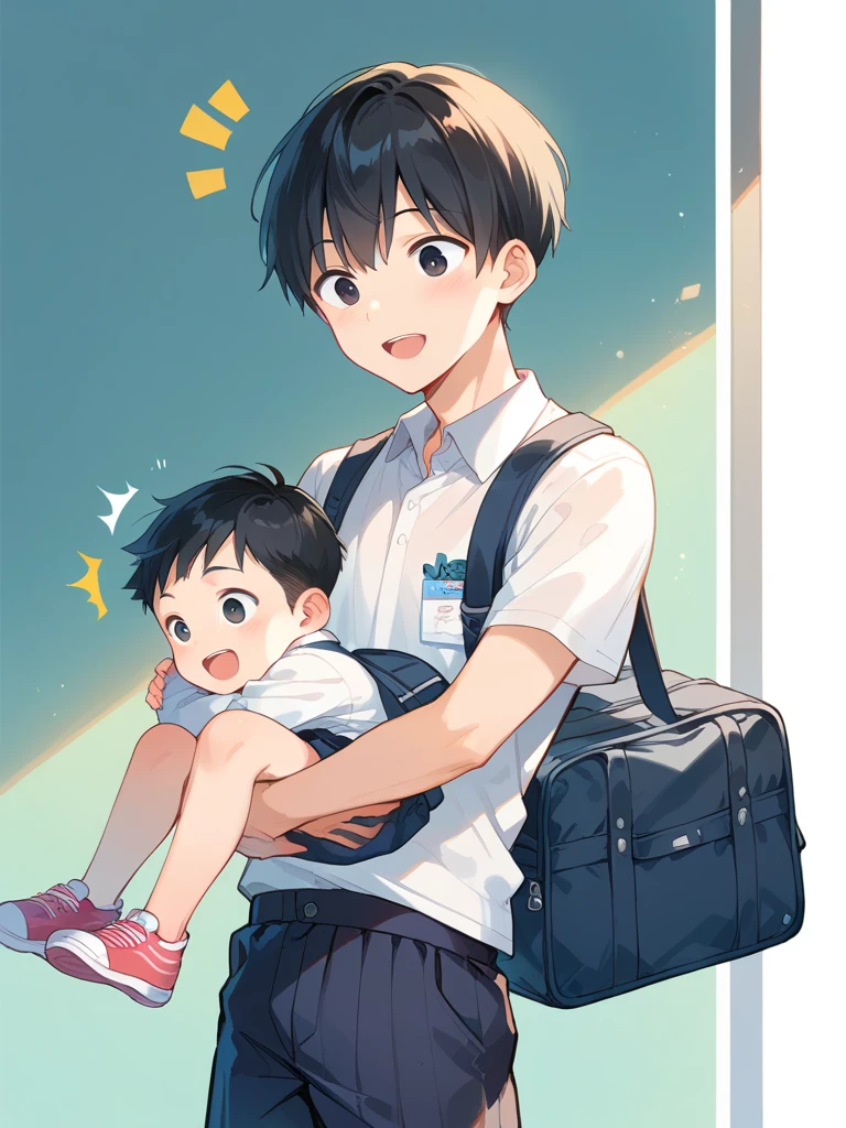 Asian, boy, male, toddler, very short hair, bob cut, black hair, straight hair, happy, surprised, slim, school bag, black eyes,First-year elementary school boys wear inflated diapers and carry school bags on their backs、