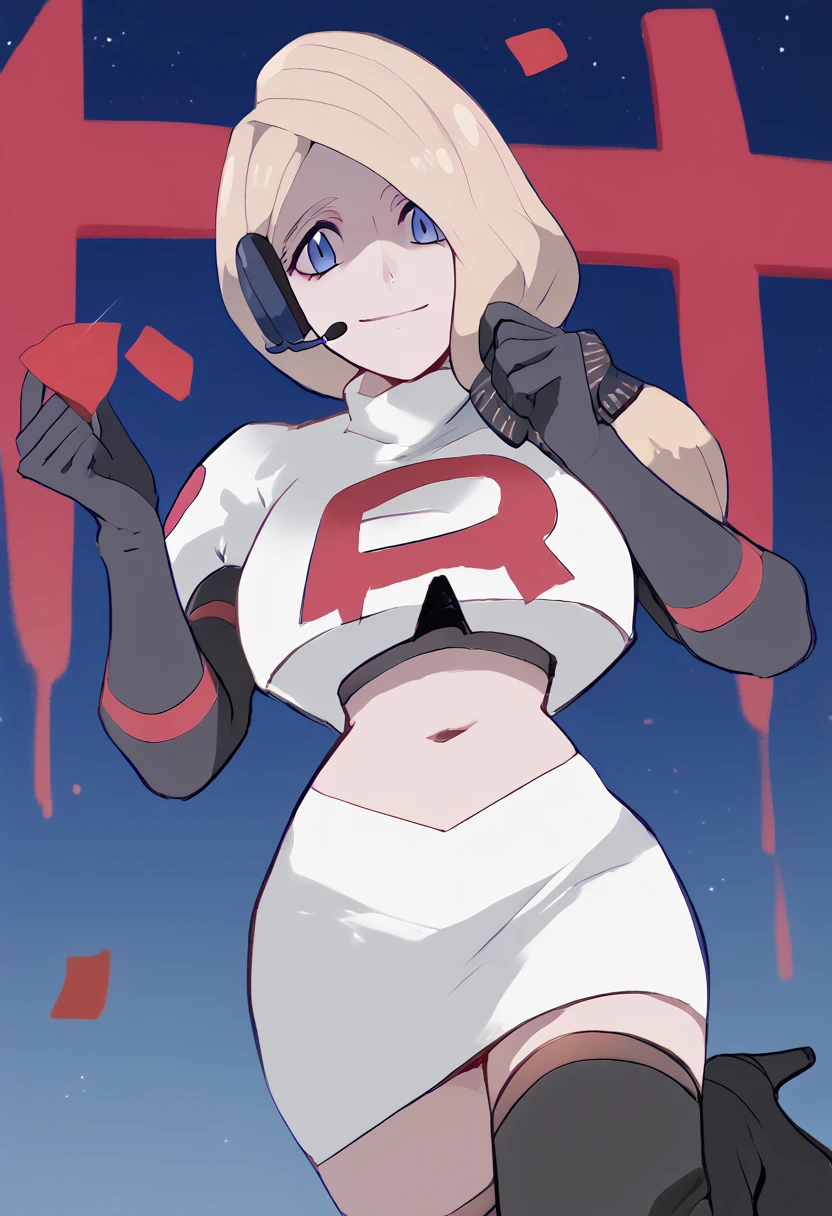 Team rocket, team rocket uniform, red letter R, white skirt,white crop top,black thigh-high boots, black elbow gloves, evil smile, night sky background, headset, large breasts, high-heeled boots, Mercedes von Martritz, light brown hair