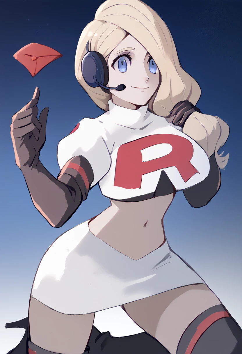 Team rocket, team rocket uniform, red letter R, white skirt,white crop top,black thigh-high boots, black elbow gloves, evil smile, night sky background, headset, large breasts, high-heeled boots, Mercedes von Martritz, light brown hair