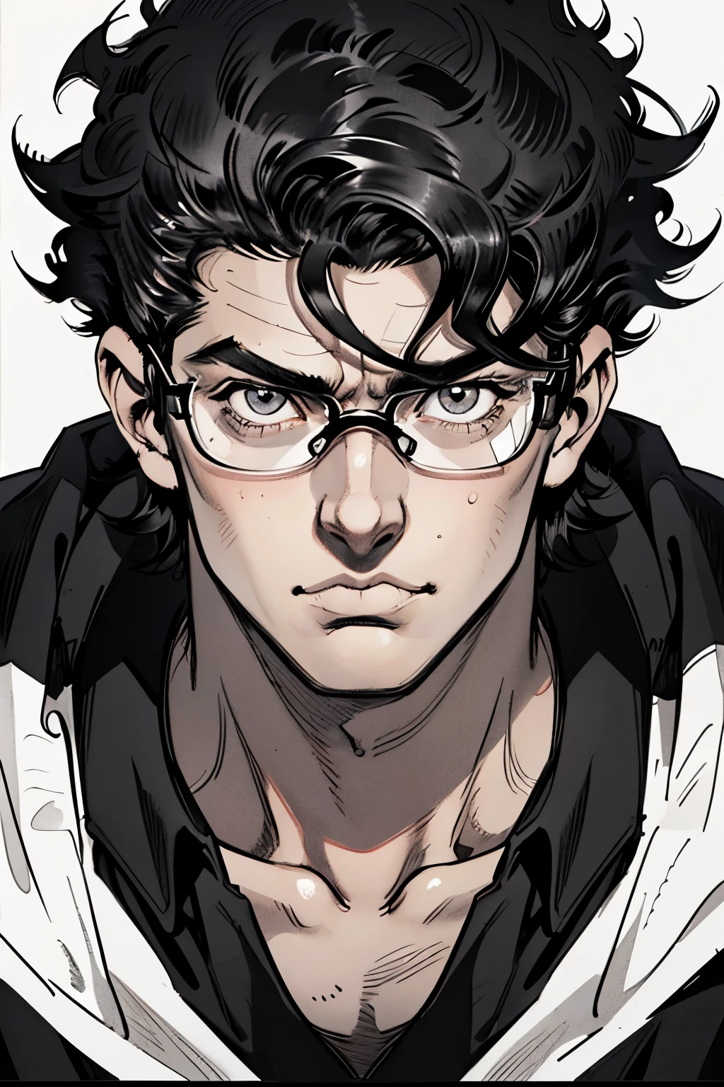  One Man, a man , True Face ,Top view angle , symmetry , looking at me ,bad eyesight, staring ,scary look in his eyes , (( black and white vector art)), Boomhauer , shohei otomo,  drawn in noir style ,  short hair  ,Curly hair ,  wearing glasses,Black Hair, Oily hair , Narrow eyes, ((narrow eyes)) ,Simple white background