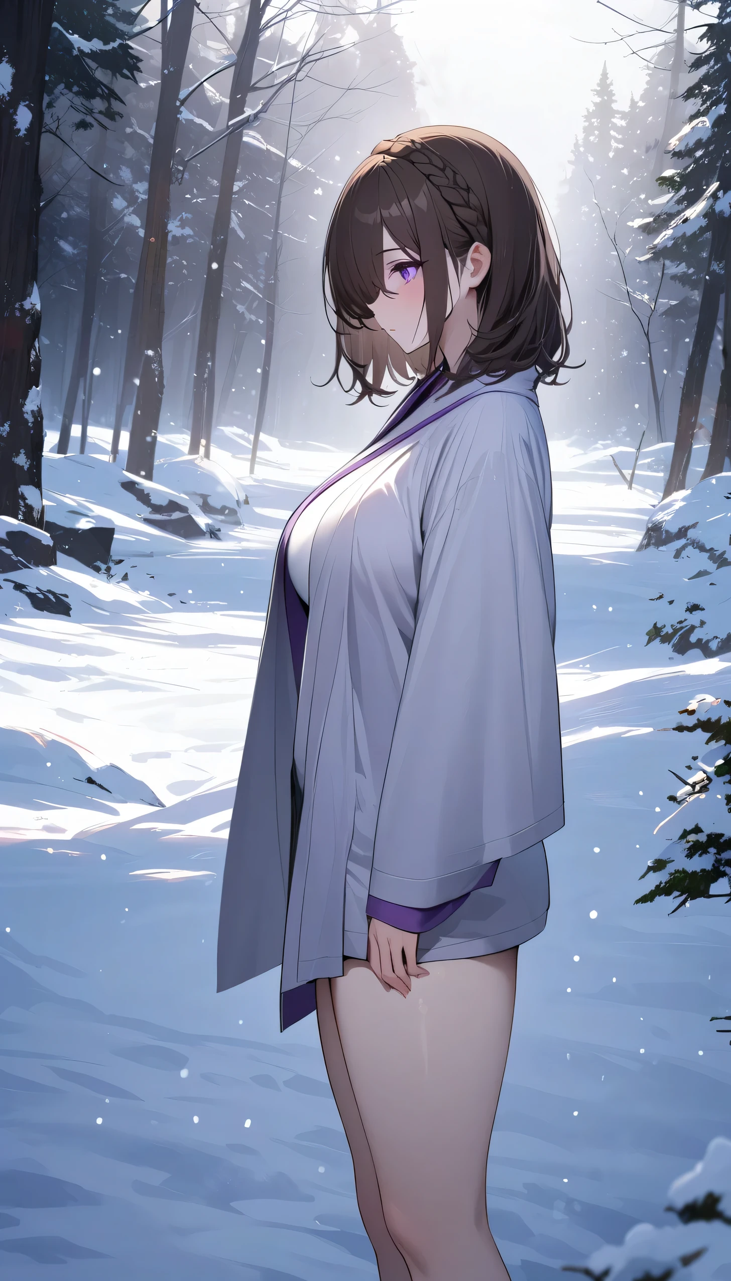 masterpiece, Highest quality, Absurd, One girl, alone, Fern Winter, Purple Eyes, Long Hair, Half Up, Fur trim, , Black belt, Outdoor, snow, winter, smile, blush, (Full :1.8)