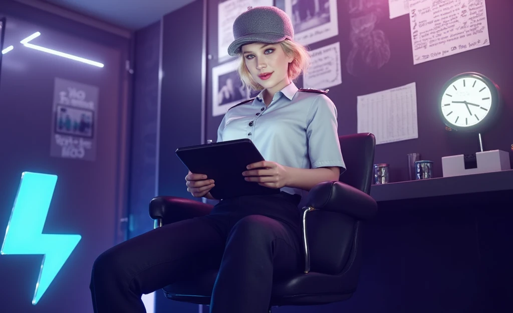 Woman, looking her tablet, giant boobs, security oficer uniform, gray cap, white skin, blonde hair, security office, giant tits, nice face, ultra realistic, viendo a la camara, giant ass, nice eyes, opened eyes, HD, 4k,  ultra realistic