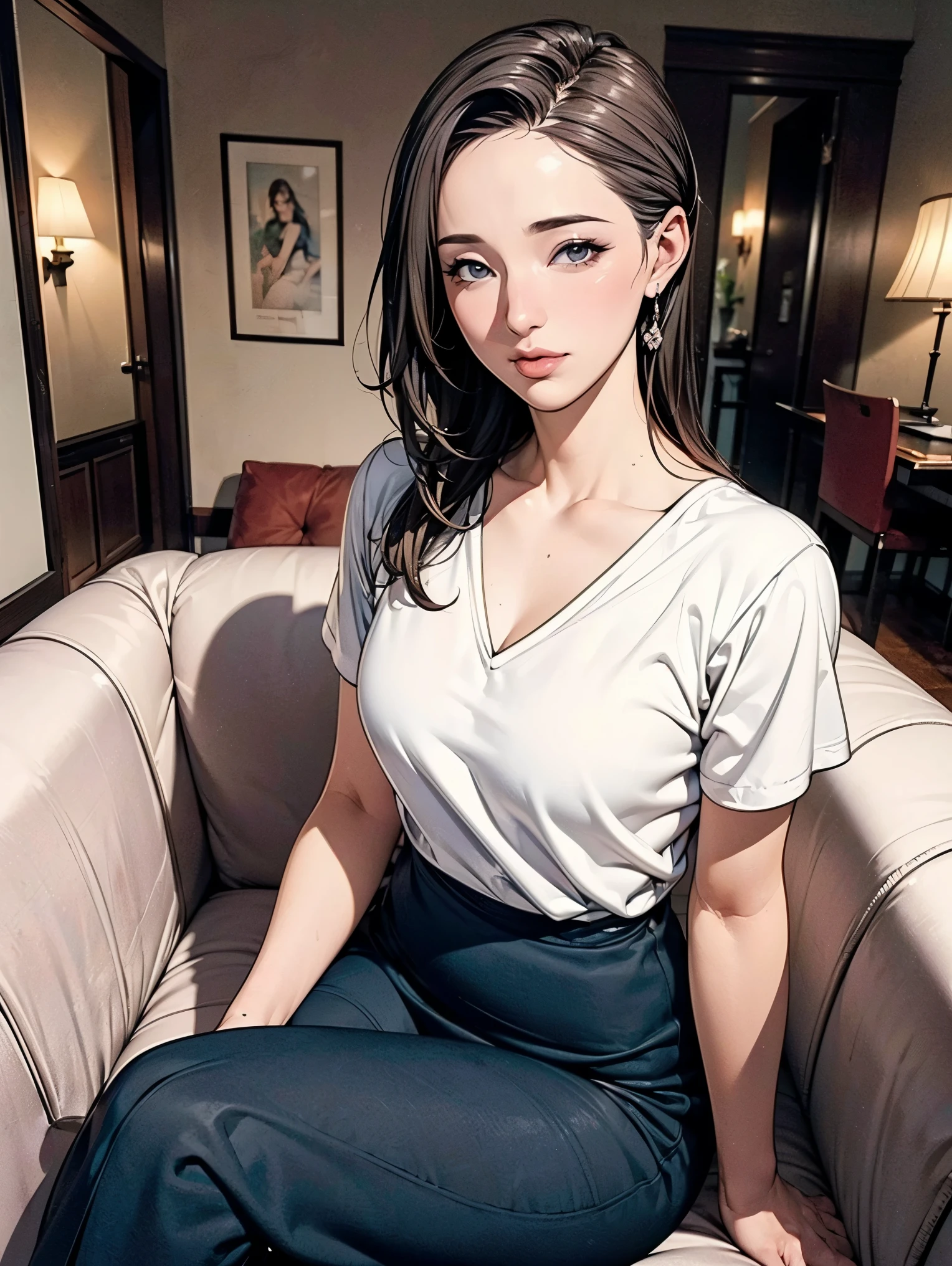 ((the most beautiful woman in the world:1.88)),(masterpiece:1.66),(FHD:1.11),(16K:1.12),(best quality:1.14),(ultra best illustration), (best shadow),high quality,(ultra detailed:1.15),hyper detailed,insanely detailed, exquisite,beautiful,absurdres,1 woman,(house wife:1.5),(40 years old:1.3),(middle-aged:1.49),japanese woman,medium skin,shiny skin,detailed skin,detailed face,beautiful breasts,small breasts,side part,straight hair,Casual, simple blouse,V-neckline,knee-length skirt, blouse in bright colors,pastel shades,Dining, sofa, sitting,from above,looking at viewer,
