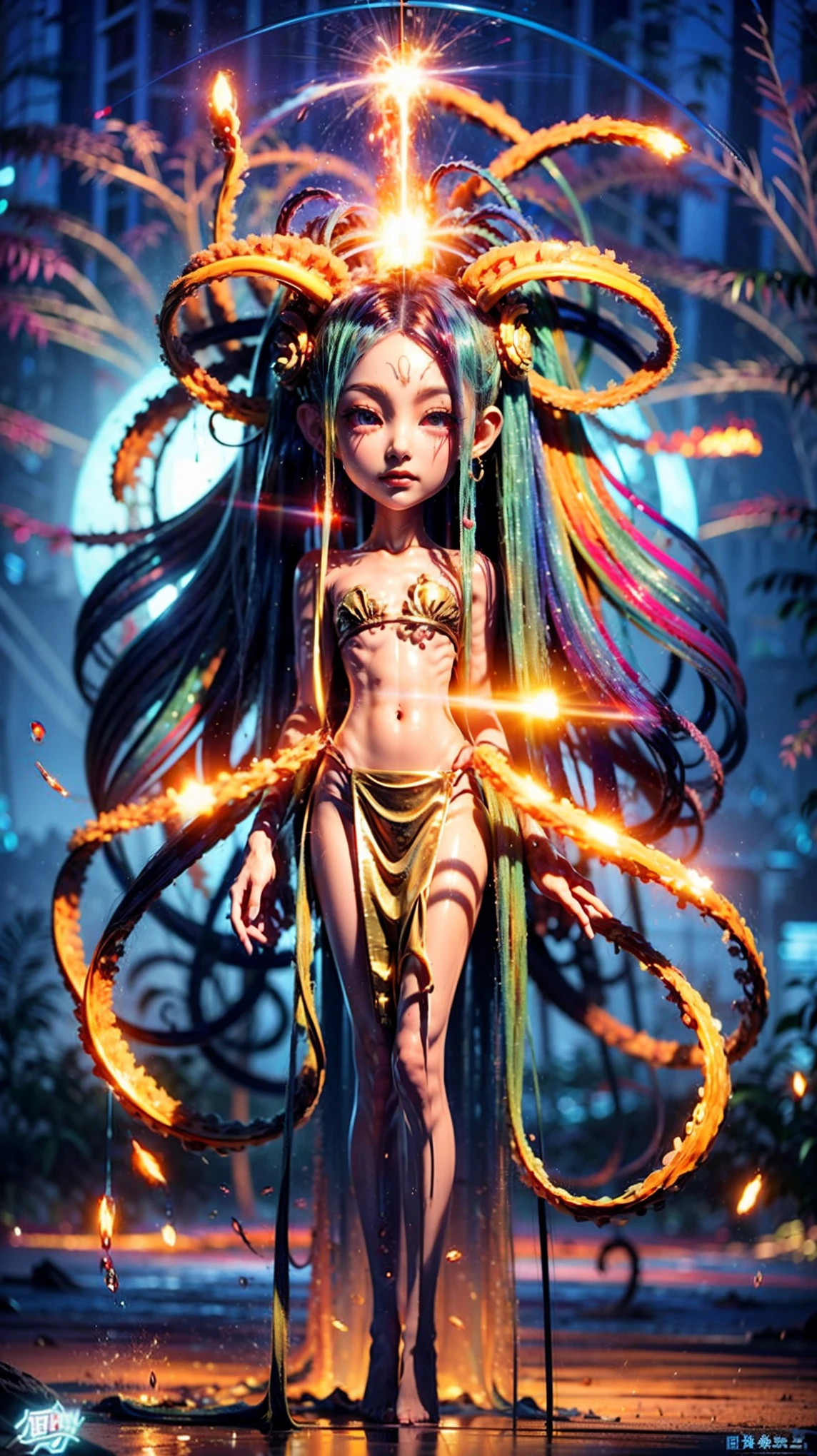 Cyber Tentacle Monster ，（Twin ponytails：1.5、Deep Sea Creatures、 Medusa Hairstyle 、 Tentacle-like Hairstyle ：1.8），Biology is perfect、 Medical Beauty Skin 、 Classical Aesthetic Posture Adjustment and Shaping ， Illusory Aura ，Chic，Dynamic，Holy Aura，Mecha exoskeleton ，Gesha Buddha Dress ， Shining Fire Crystal Foot Ring 。 golden ratio body ，Beauty，Tear mole，（ Super Teardrop Chest 1 .8）， narrow ribs ，Slim waist and abdomen，Vacuum belly， long body ， extra long legs ，Perfect muscle lines， neon shine ， blur super giant body background。 Master Composition ， Clean Picture ， bright color ，hdr，（Super real， Super Detailed ，Super complex，Super-sharp ， Ultra high quality output ），（ concentrated computing power is metaphor in the language of a camera、Implicit 、 Conceals Mysterious Temple Level Sexual Tension ：1.8），＜centaur concept>，