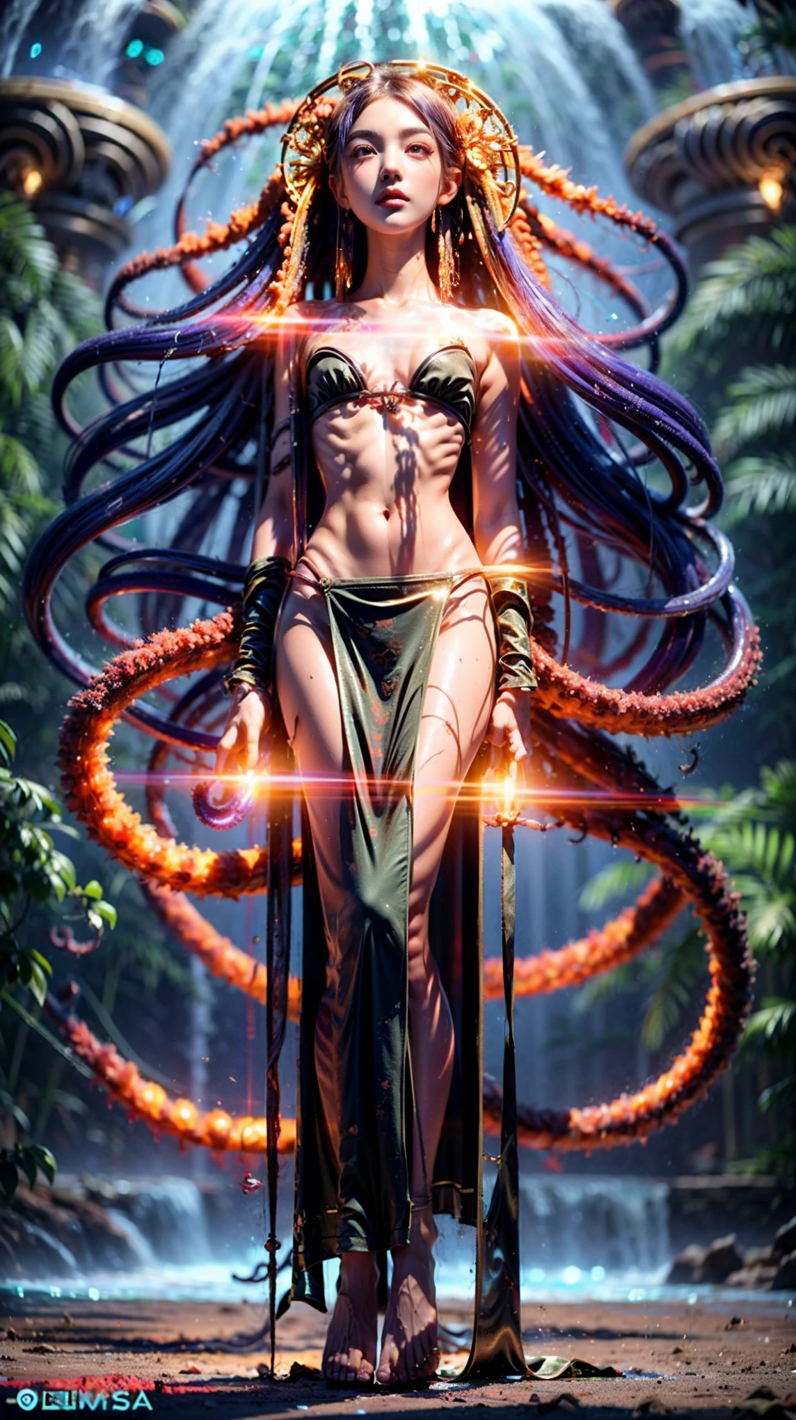 Cyber Tentacle Monster ，（Twin ponytails：1.5、Deep Sea Creatures、 Medusa Hairstyle 、 Tentacle-like Hairstyle ：1.8），Biology is perfect、 Medical Beauty Skin 、 Classical Aesthetic Posture Adjustment and Shaping ， Illusory Aura ，Chic，Dynamic，Holy Aura，Mecha exoskeleton ，Gesha Buddha Dress ， Shining Fire Crystal Foot Ring 。 golden ratio body ，Beauty，Tear mole，（ Super Teardrop Chest 1 .8）， narrow ribs ，Slim waist and abdomen，Vacuum belly， long body ， extra long legs ，Perfect muscle lines， neon shine ， blur super giant body background。 Master Composition ， Clean Picture ， bright color ，hdr，（Super real， Super Detailed ，Super complex，Super-sharp ， Ultra high quality output ），（ concentrated computing power is metaphor in the language of a camera、Implicit 、 Conceals Mysterious Temple Level Sexual Tension ：1.8），＜centaur concept>，