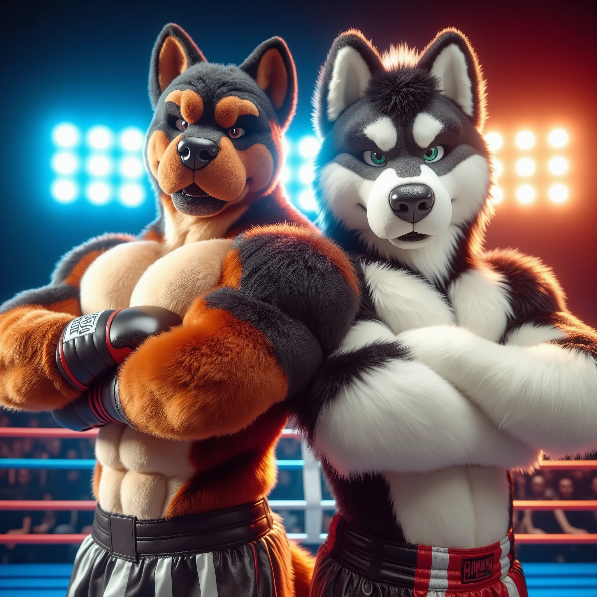 A hyperrealistic 3D artwork of a muscular **fursuit Rottweiler** and **Alaskan Malamute** in a fighting stance, showcasing their bodybuilder physiques. Both characters are wearing **boxing gloves** and standing in a dramatic **boxing ring**, with ropes and bright lights highlighting the intensity of the match. The characters exude a serious, focused expression, ready for battle. Their fur is highly detailed, with realistic textures and lighting that give them a lifelike appearance. The Rottweiler's fur is a deep, dark mix of black and tan, while the Alaskan Malamute has thick, snowy fur with gray and white hues. The background features a dynamic, action-packed boxing ring scene, with dramatic cinematic lighting that casts shadows across the characters' muscular bodies. The atmosphere is intense, with the audience blurred in the distance, focusing on the fighters. The artwork is rendered in **Blender** with **cinematic realism**, **ultra-detailed** in **Ultra HD 8K** resolution, and the final result gives the scene a **real-life** quality, combining a hyperrealistic, action-packed visual style.