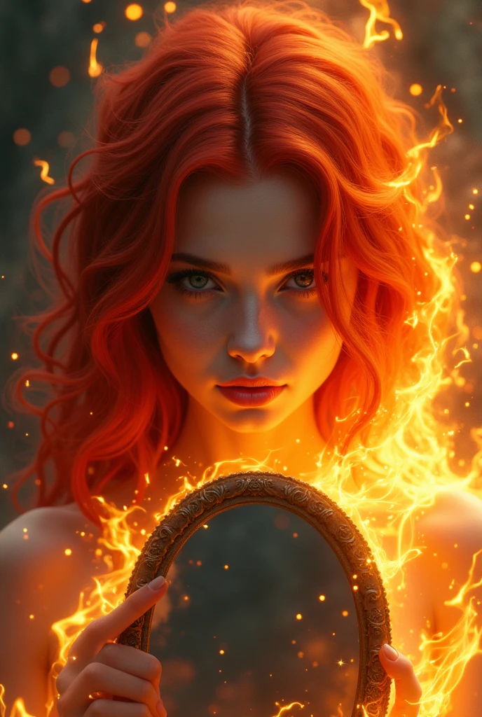 a close up of a woman with red hair and a mirror, epic fantasy digital art style, fantasy art behance, 4k detailed digital art, 4k fantasy art, 8k stunning artwork, epic fantasy art portrait, epic fantasy art style, epic fantasy art style hd, wreathed in flame, dan mumford tom bagshaw, detailed fantasy digital art, flames surround he