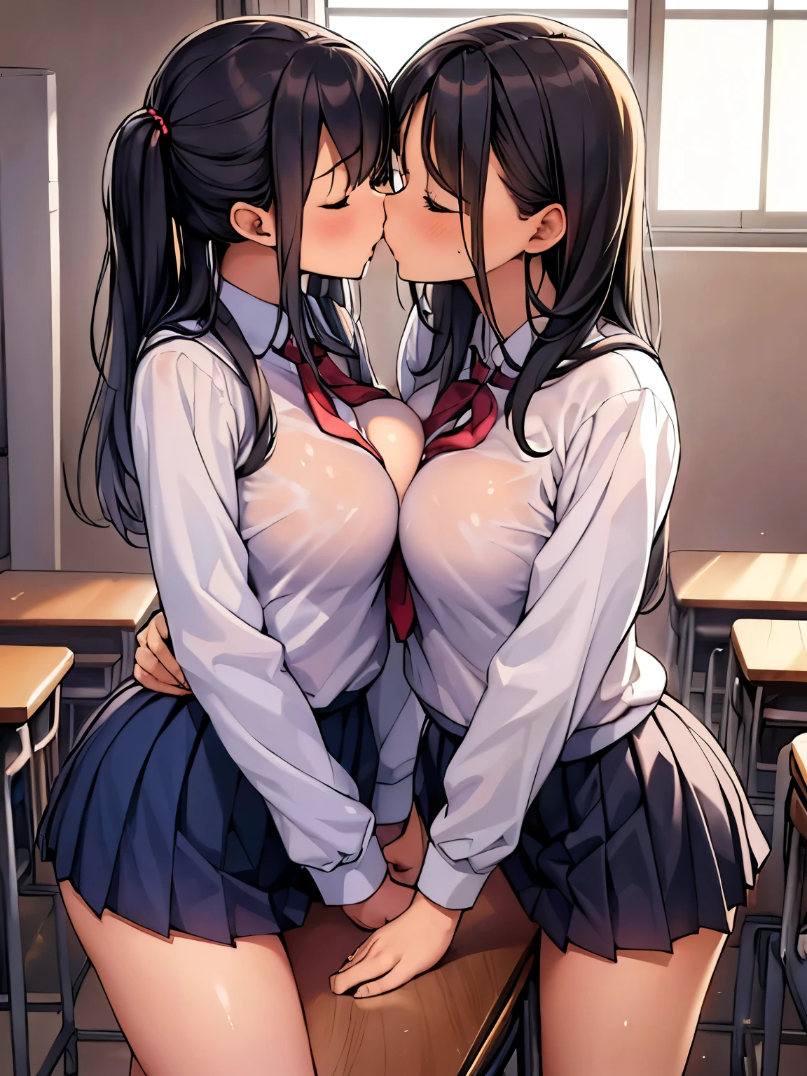     masterpiece  ,    High Quality   ,    3 girls stepping in groups ,   high school uniform 、 how it off、Standing、Desk corner、 Skirt Flip、Panties visible、Press your crotch、classroom、  good、Wet body、 wet panties、Pleasure、Touching the body、Sigh、Touching the body、Kiss、Perfect limbs、 Anatomically Correct Body 、 sheer bra 