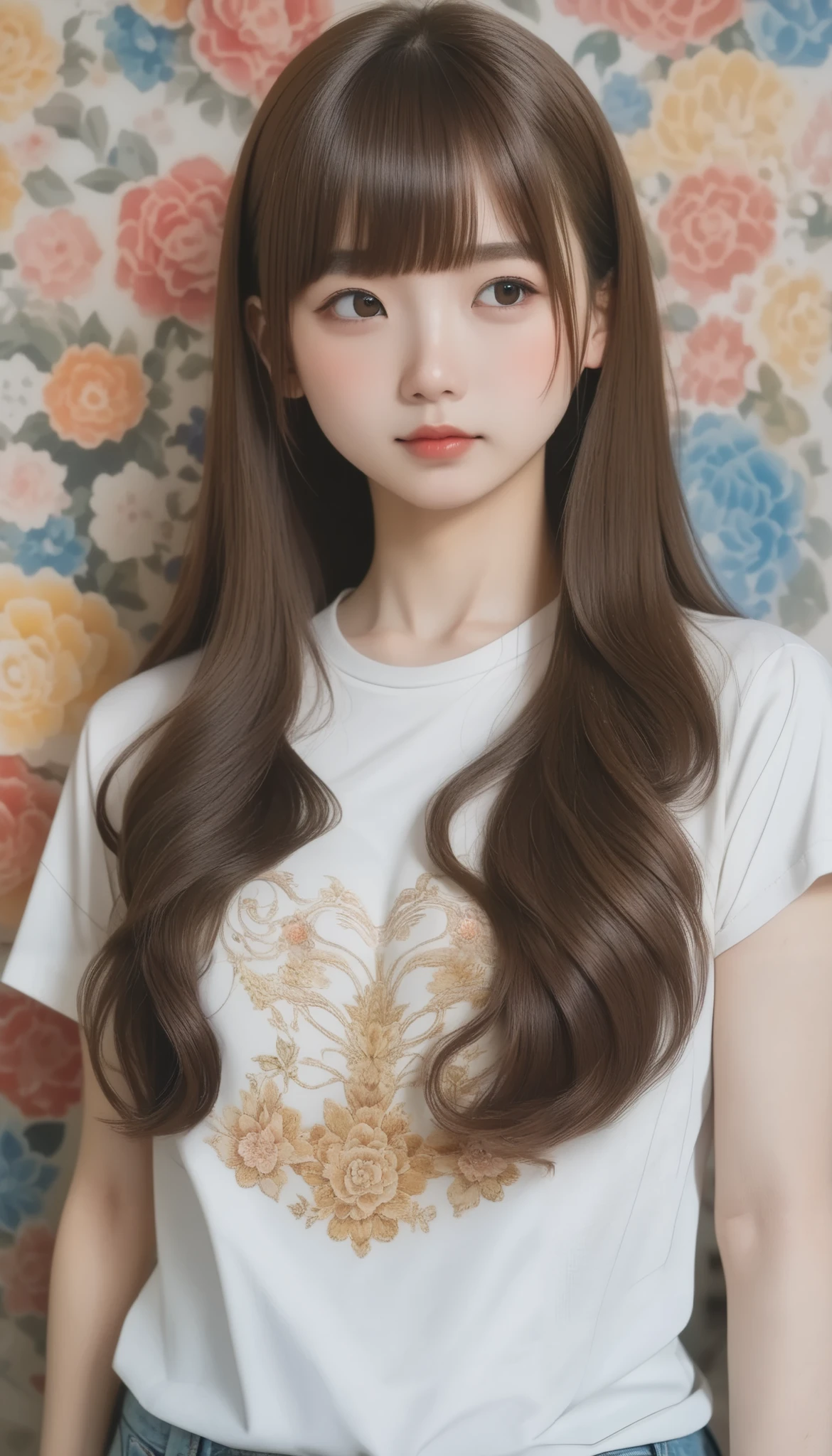 Geometric background :1.3、     dark color、  cute girl、   brown hair 、(((Straight perm、bangs、       straight hair:1.37、  long     straight hair )))、     very long hair 、     Look Away 、Printed shirt、  Picasso painting t-shirt  、  Loose clothing  、top quality、    super detailed、 High quality details 、green