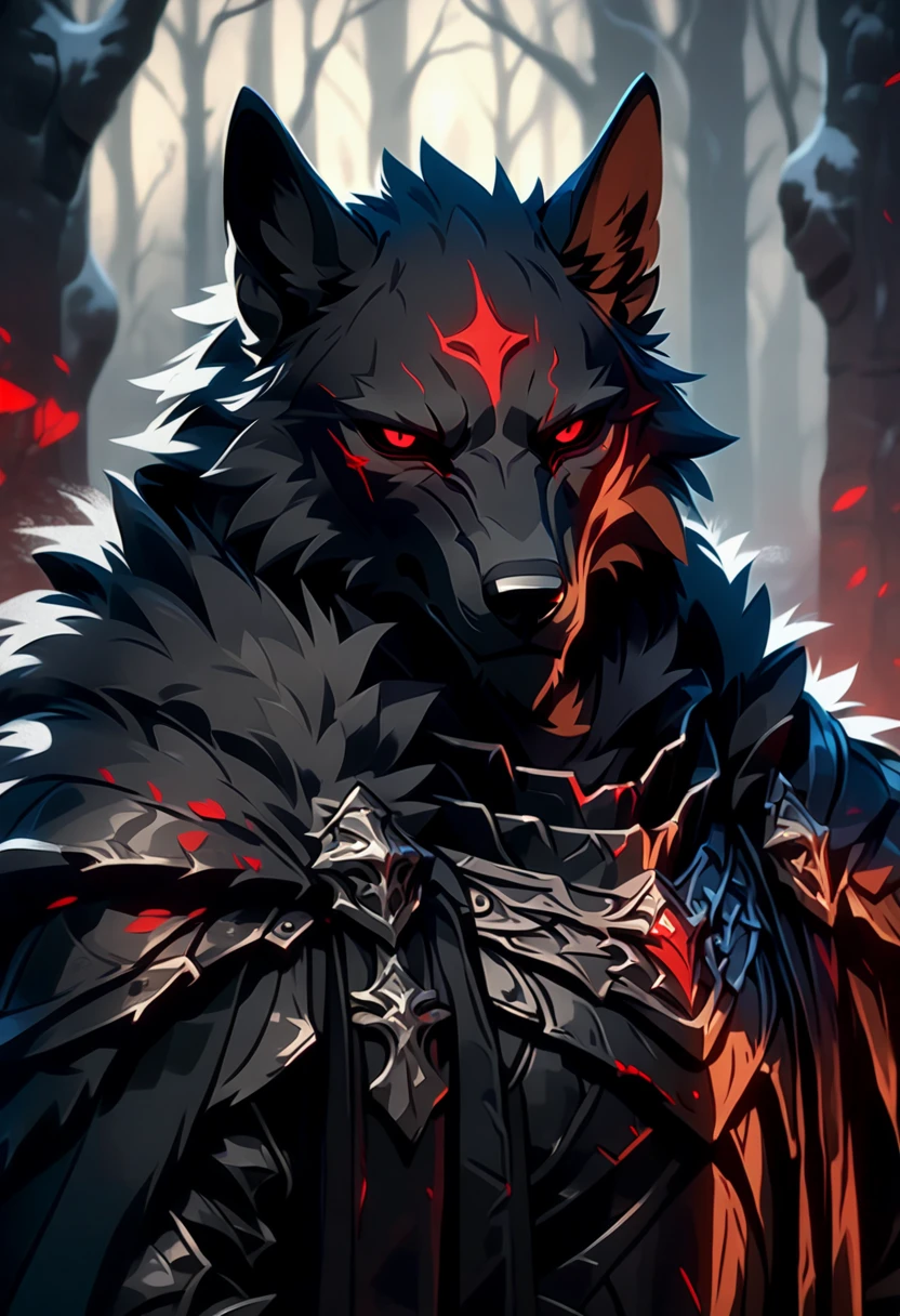  an anthropomorphic black wolf wearing black knight armor and cloak, adventurer, mercenary, red eyes, intimidating, cold expression, rugged, handsome, masculine, sexy, detailed furry art, furry, detailed fur, dark fantasy, medieval vibes, wolf knight