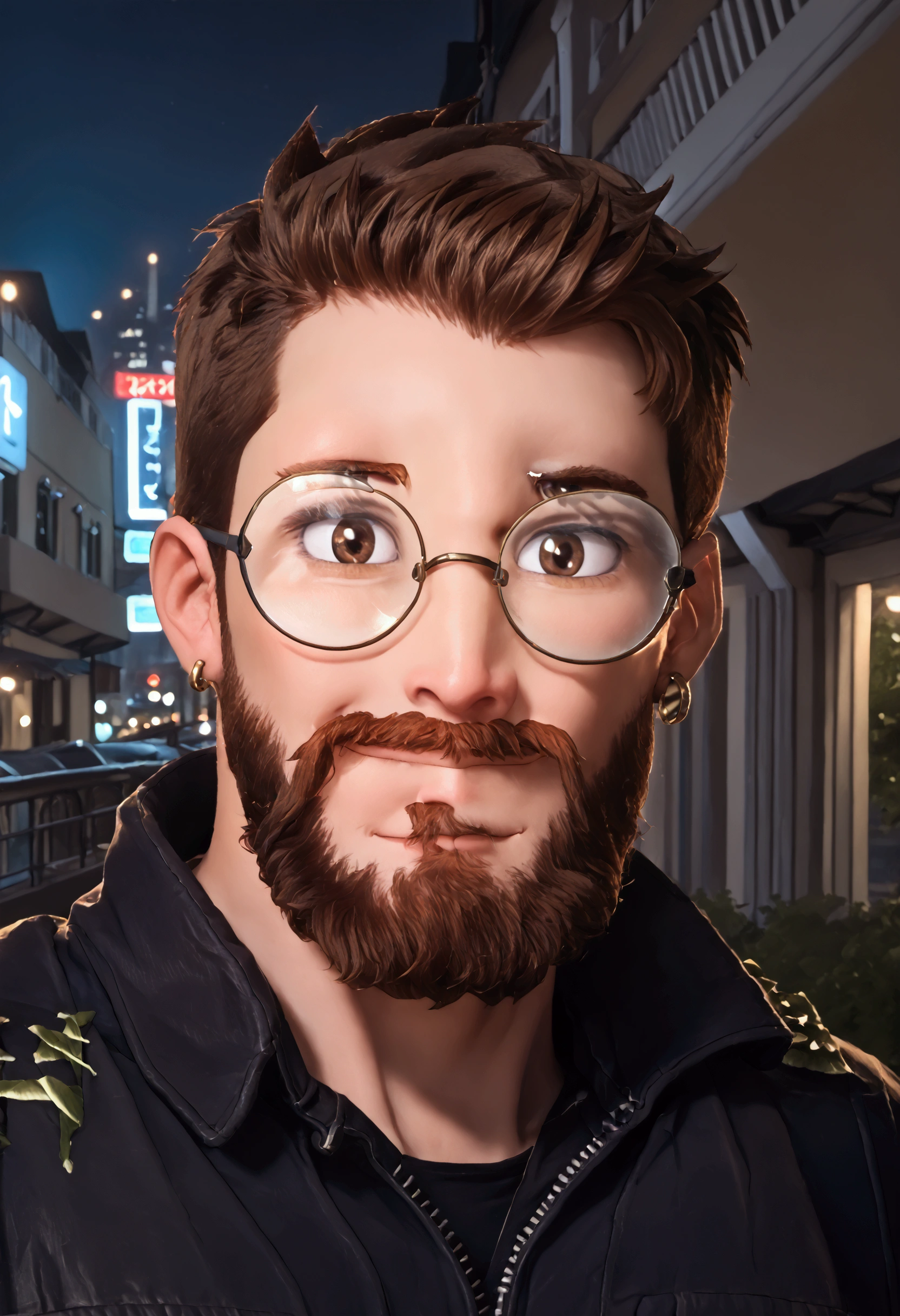 muscular, man, short brown hair, big black beard, brown eyes, round glasses, black jacket, character select portrait, smile, 8k, high detail, high quality, city background, looking at viewer, head tilted towards the right, earrings, perfect lighting.