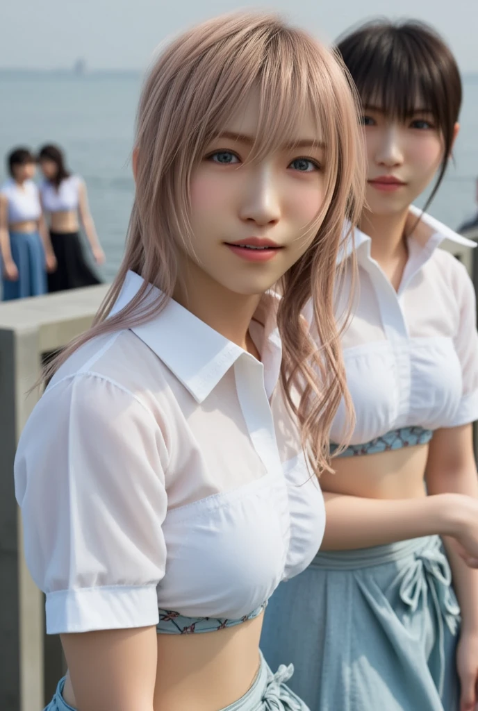 masterpiece,  top quality, 8k,   photoreality ,  realistic ,  octane rendering, Busy streets of Japan (1 female: 1.4), ( There is only one woman on the screen : 1.3), ( white shirt), ( long golden hair), ( Hip Wrap Skirt ), ( blue eyes) Upper body display 